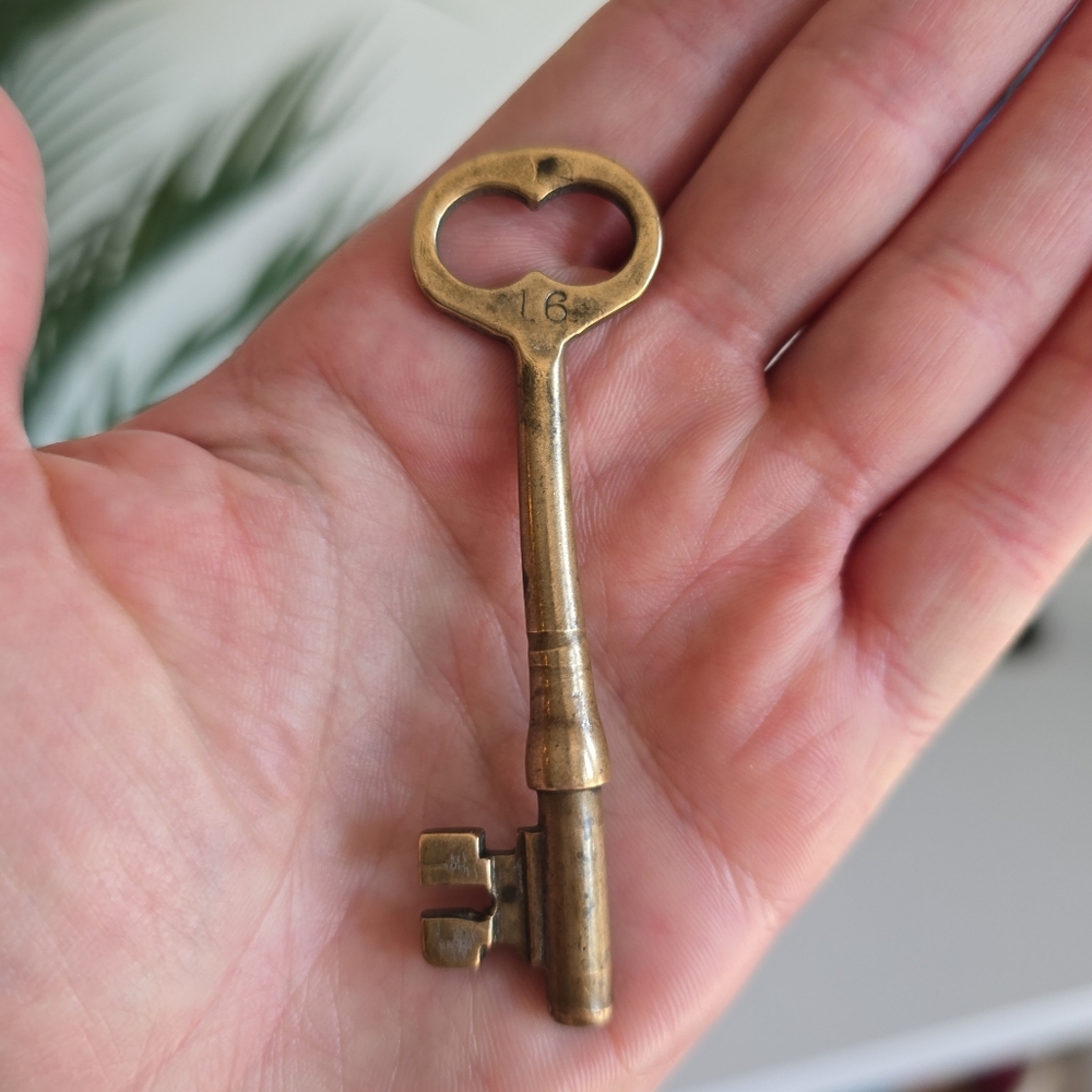 2 7/8" Antique Brass Skeleton Key Solid Barrel Stamped Number 16